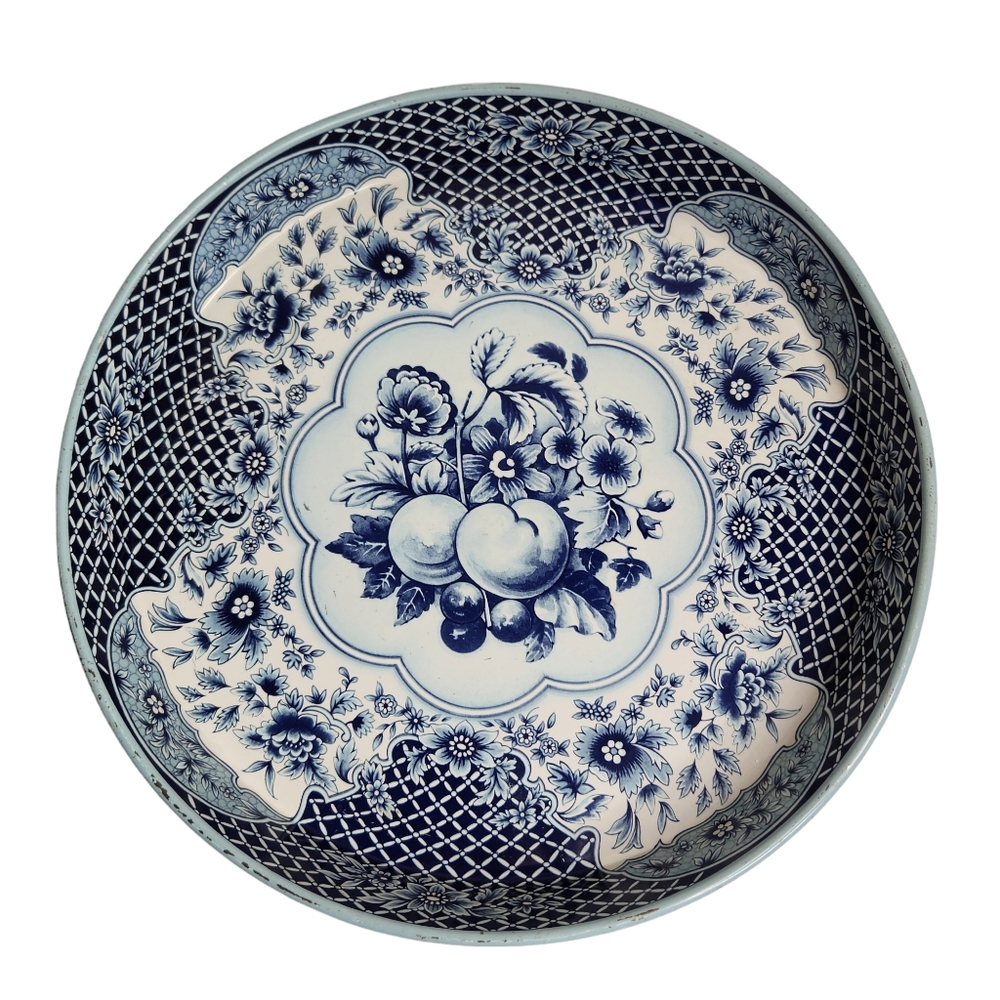 Vintage Daher Decorated Ware Serving Tray 12” Round Tin Blue Peaches